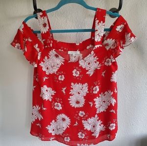 Skies Are Blue off the shoulder red floral top